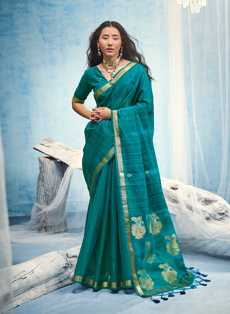 Monjolika Fashion Teal Blue Linen Silk Blend Saree with Gold Zari Border & Floral Woven Pallu - Dista