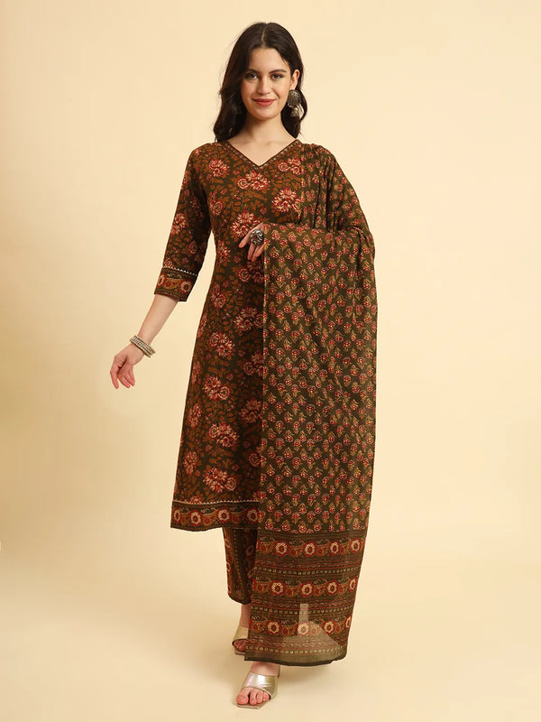 Yufta Green Pure Cotton Floral Sequins Work Kurta Set With Dupatta
