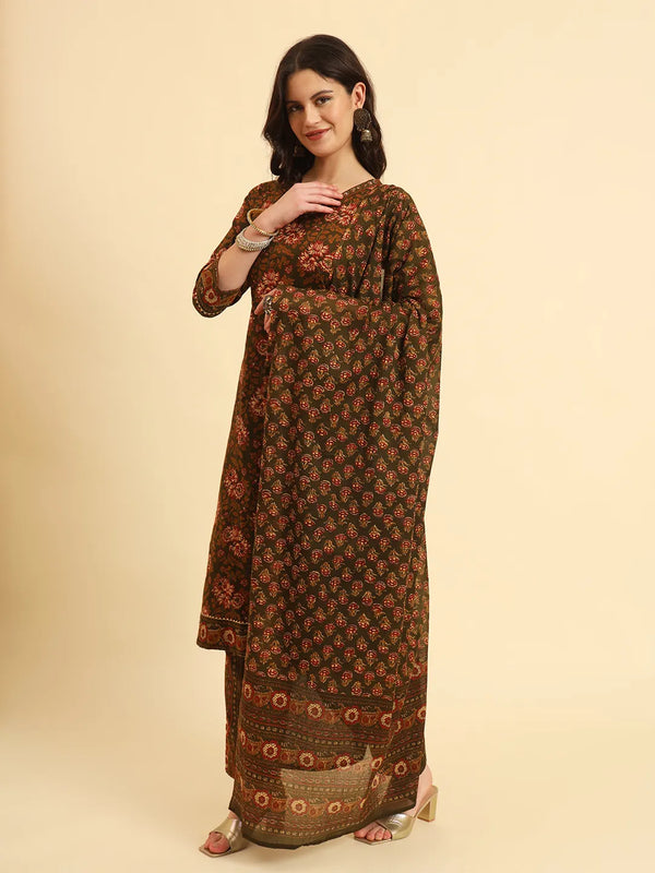 Yufta Green Pure Cotton Floral Sequins Work Kurta Set With Dupatta