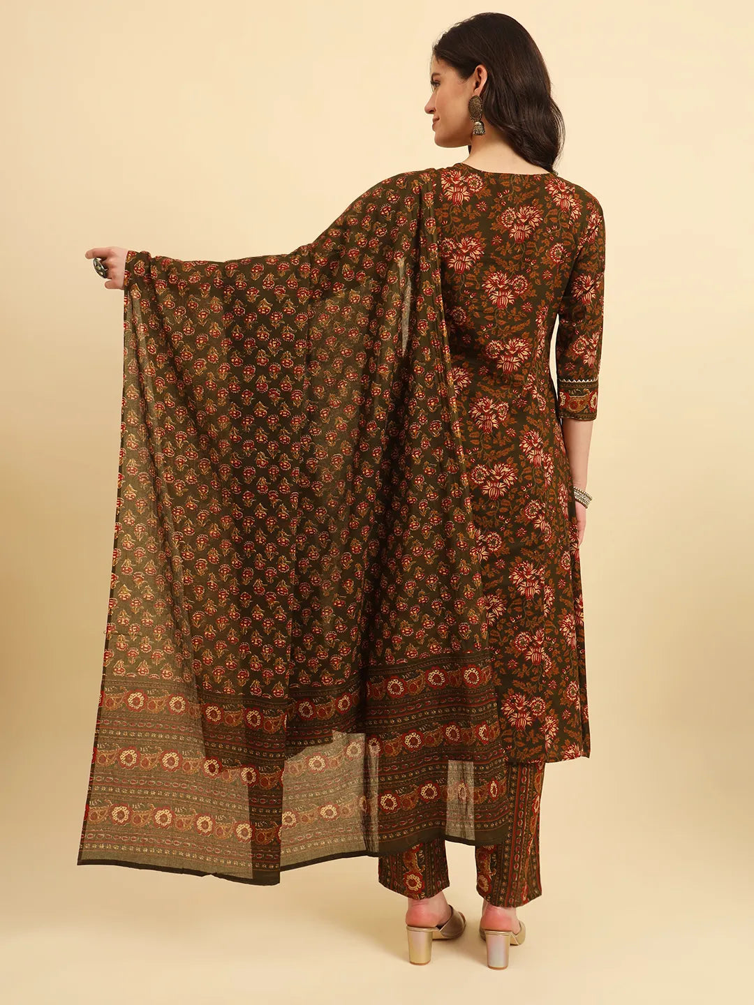 Yufta Green Pure Cotton Floral Sequins Work Kurta Set With Dupatta