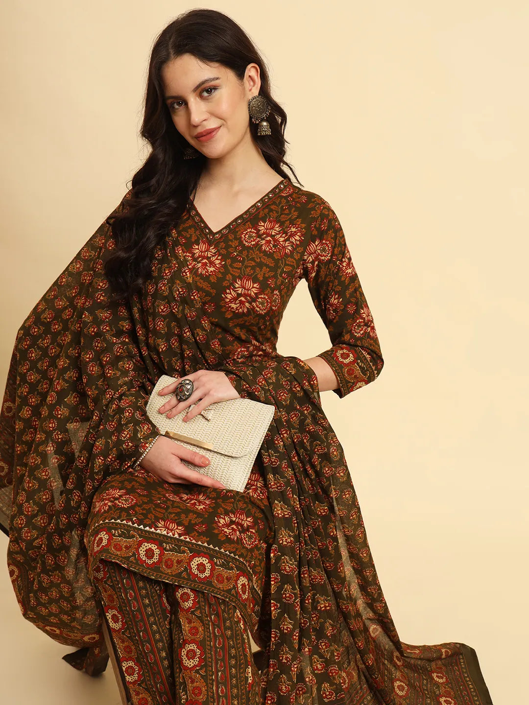 Yufta Green Pure Cotton Floral Sequins Work Kurta Set With Dupatta