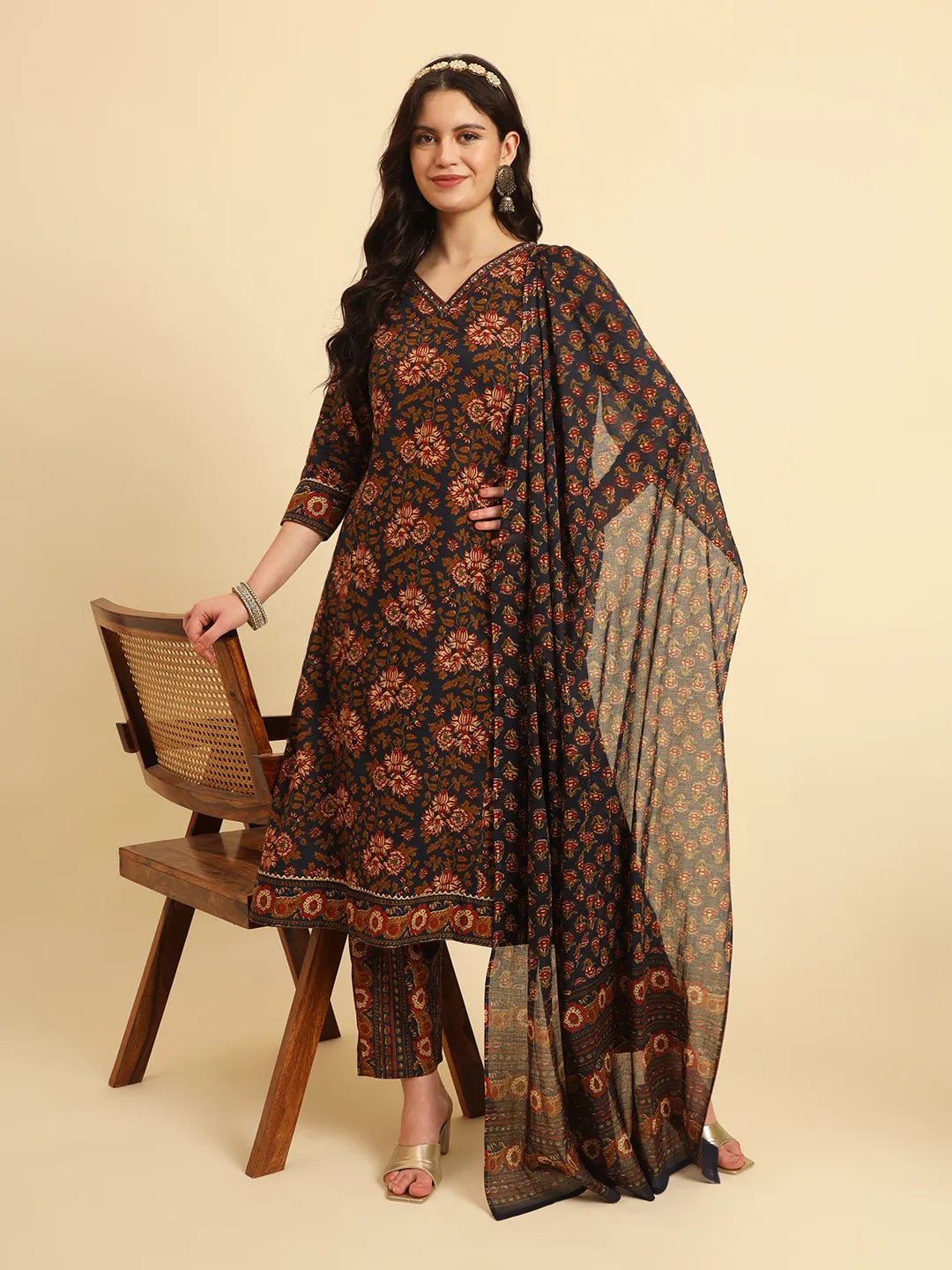 Yufta Navy Blue Pure Cotton Floral Sequins Worky Kurta Set With Dupatta - Distacart