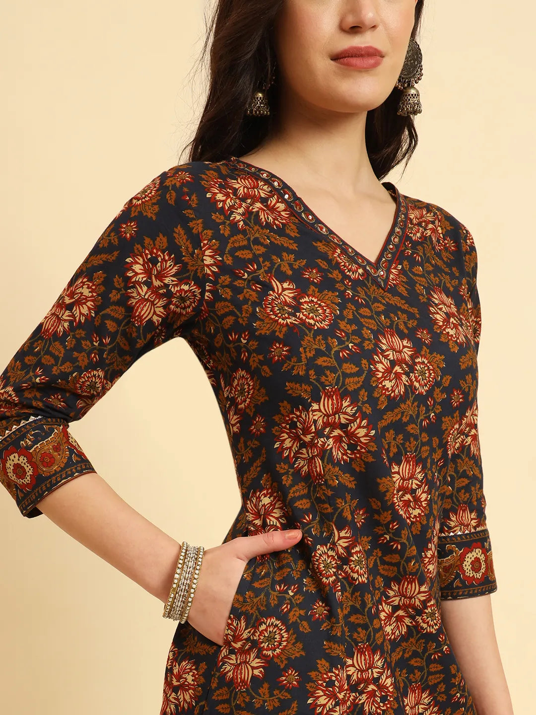 Yufta Navy Blue Pure Cotton Floral Sequins Worky Kurta Set With Dupatta