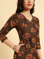 Thumbnail for Yufta Navy Blue Pure Cotton Floral Sequins Worky Kurta Set With Dupatta