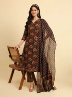 Thumbnail for Yufta Navy Blue Pure Cotton Floral Sequins Worky Kurta Set With Dupatta