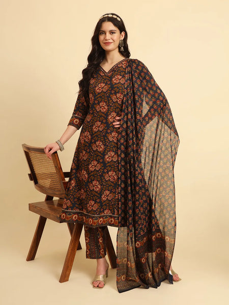 Yufta Navy Blue Pure Cotton Floral Sequins Worky Kurta Set With Dupatta