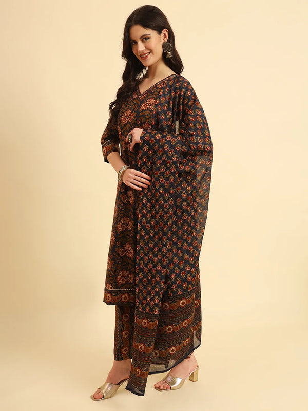 Yufta Navy Blue Pure Cotton Floral Sequins Worky Kurta Set With Dupatta