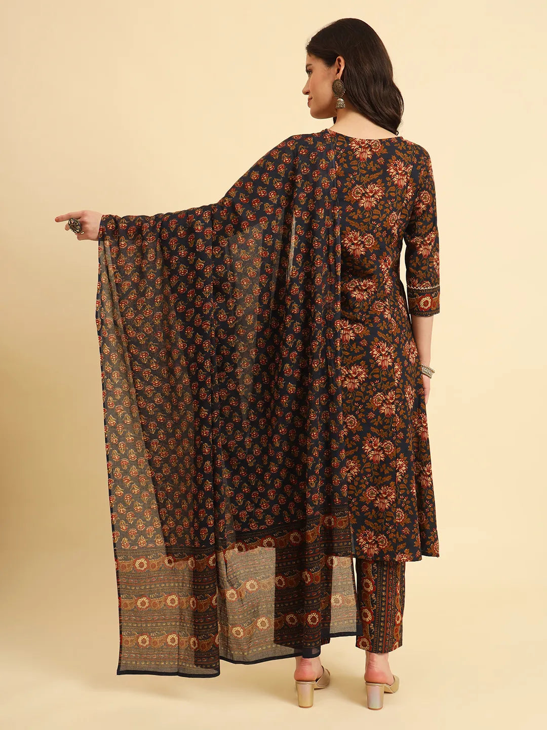 Yufta Navy Blue Pure Cotton Floral Sequins Worky Kurta Set With Dupatta