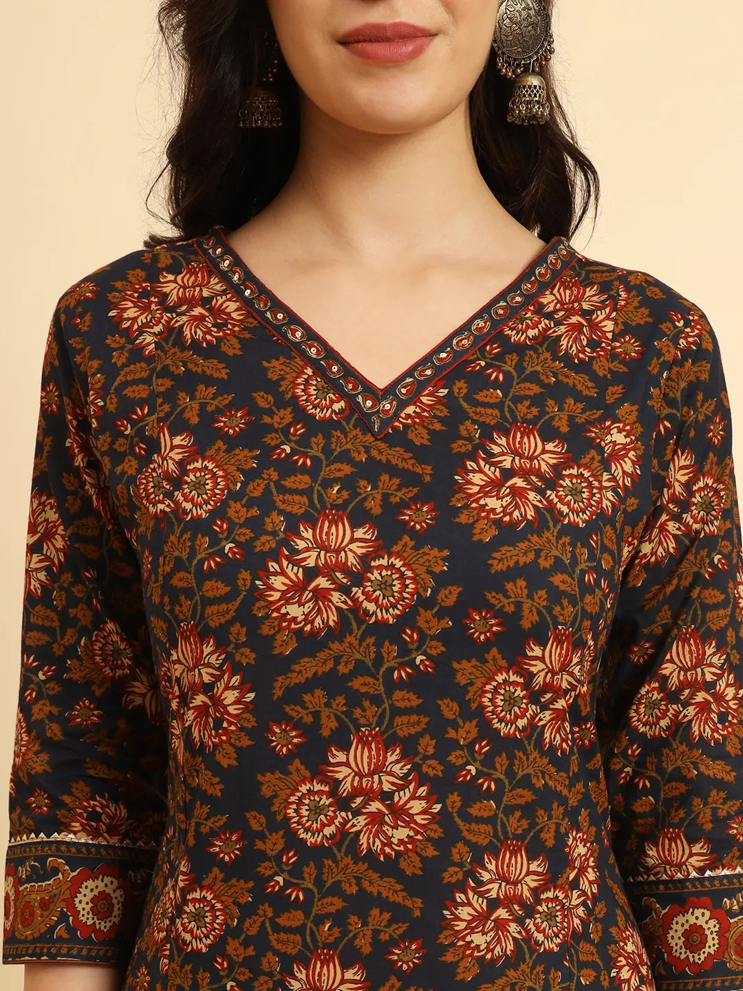 Yufta Navy Blue Pure Cotton Floral Sequins Worky Kurta Set With Dupatta
