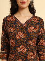 Thumbnail for Yufta Navy Blue Pure Cotton Floral Sequins Worky Kurta Set With Dupatta