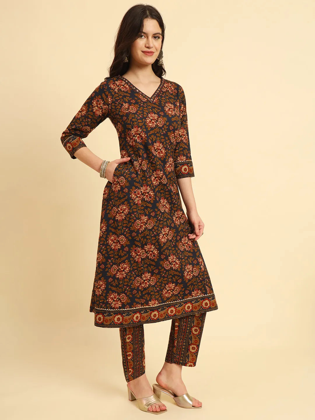 Yufta Navy Blue Pure Cotton Floral Sequins Worky Kurta Set With Dupatta