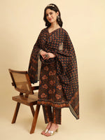 Thumbnail for Yufta Navy Blue Pure Cotton Floral Sequins Worky Kurta Set With Dupatta