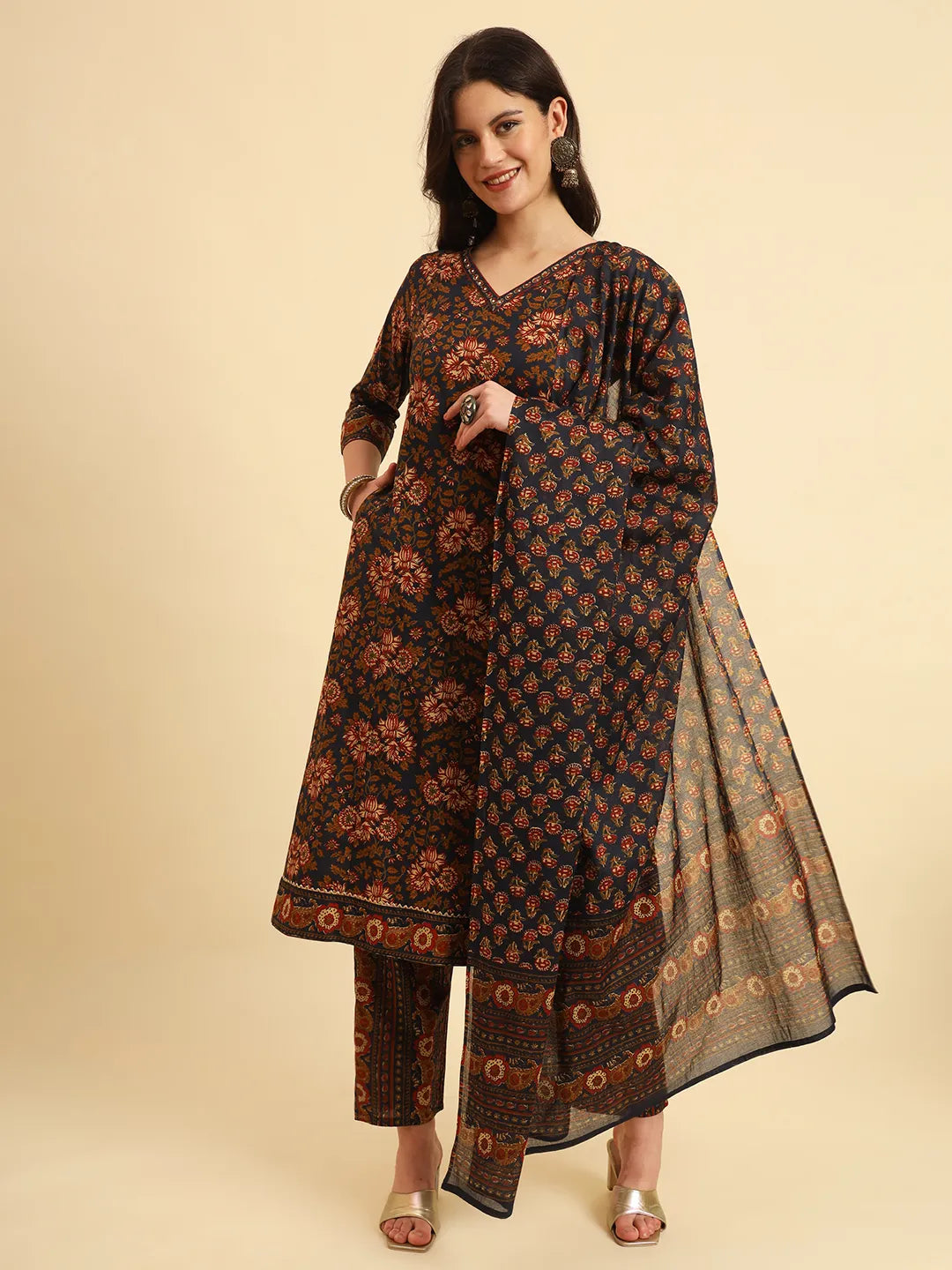 Yufta Navy Blue Pure Cotton Floral Sequins Worky Kurta Set With Dupatta