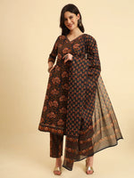 Thumbnail for Yufta Navy Blue Pure Cotton Floral Sequins Worky Kurta Set With Dupatta
