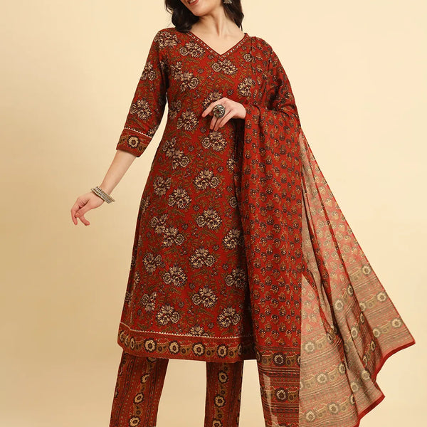 Yufta Red Pure Cotton Floral Sequins Work Kurta Set With Dupatta - Distacart