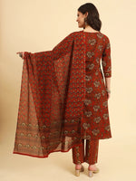 Thumbnail for Yufta Red Pure Cotton Floral Sequins Work Kurta Set With Dupatta