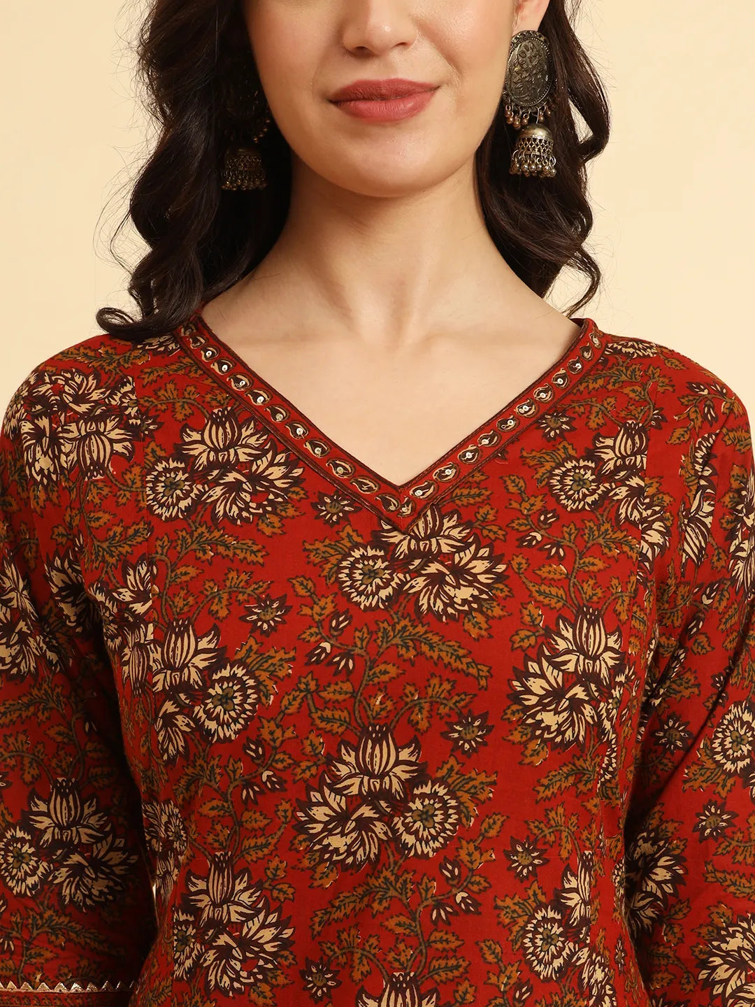 Yufta Red Pure Cotton Floral Sequins Work Kurta Set With Dupatta