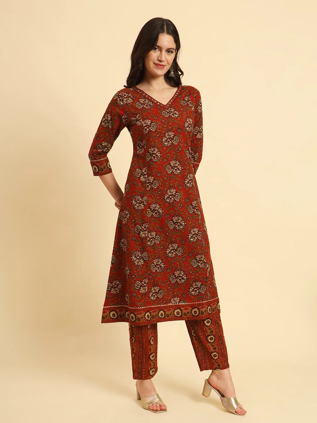 Yufta Red Pure Cotton Floral Sequins Work Kurta Set With Dupatta