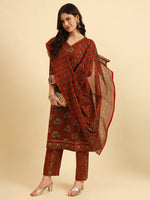 Thumbnail for Yufta Red Pure Cotton Floral Sequins Work Kurta Set With Dupatta