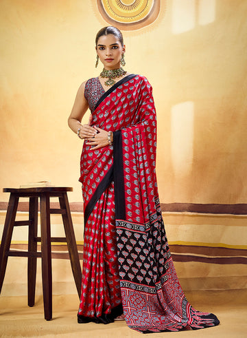 Monjolika Fashion Red Satin Printed Saree With Orange Border And Unstiched Blouse - Dista