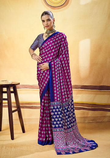 Monjolika Fashion Magenta Satin Printed Saree With Orange Border And Unstiched Blouse - Dista