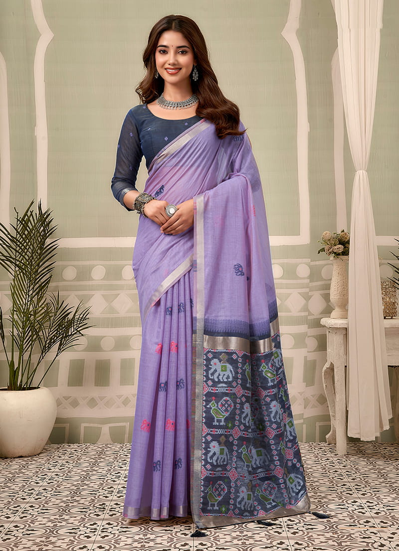 Monjolika Fashion Lavender Linen Blend Saree with Woven Elephant & Geometric Pallu - Dista