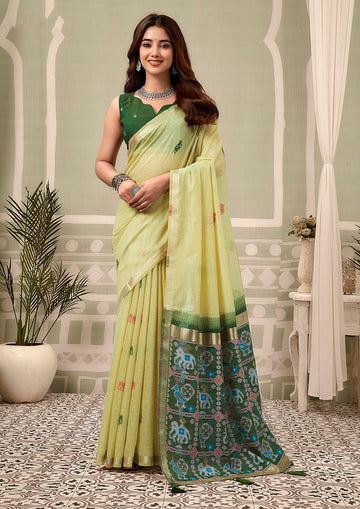 Monjolika Fashion Light Yellow Linen Blend Saree with Woven Elephant & Geometric Pallu - Dista