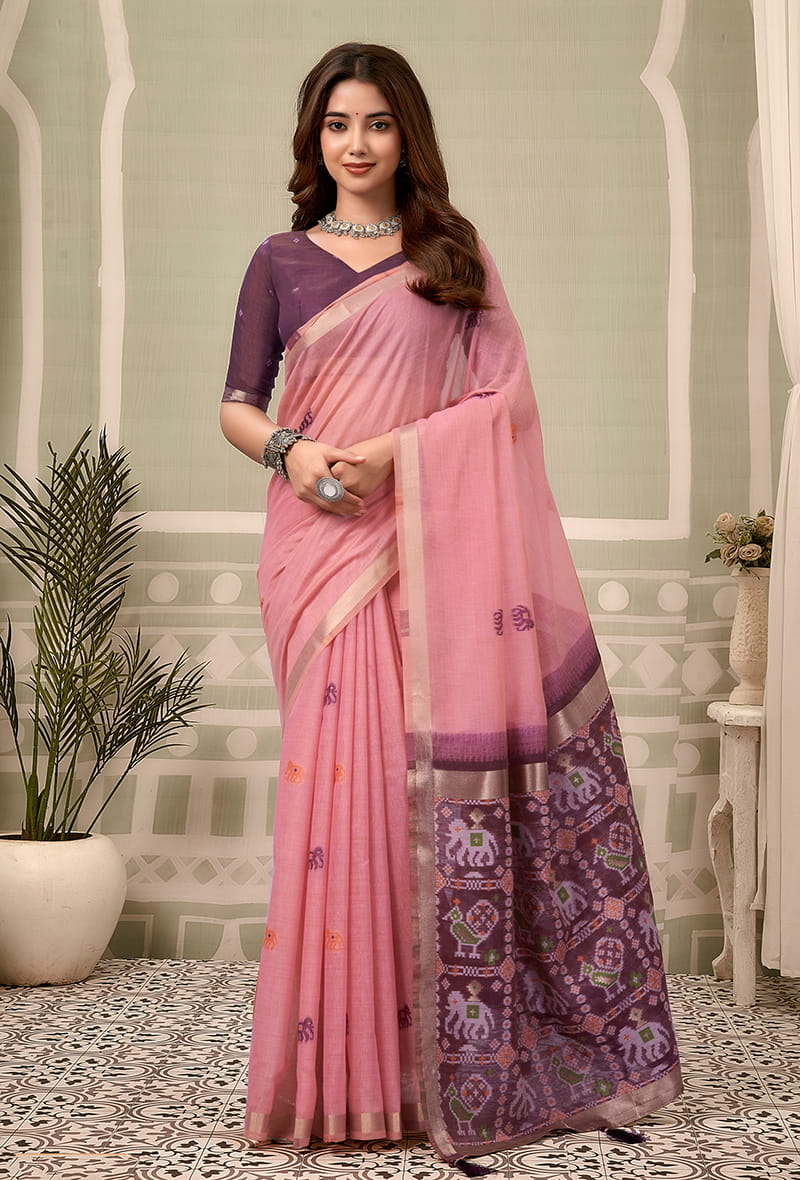Monjolika Fashion Baby Pink Linen Blend Saree with Woven Elephant & Geometric Pallu - Dista
