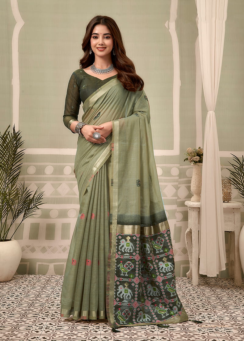 Monjolika Fashion Sage Green Linen Blend Saree with Woven Elephant & Geometric Pallu - Dista