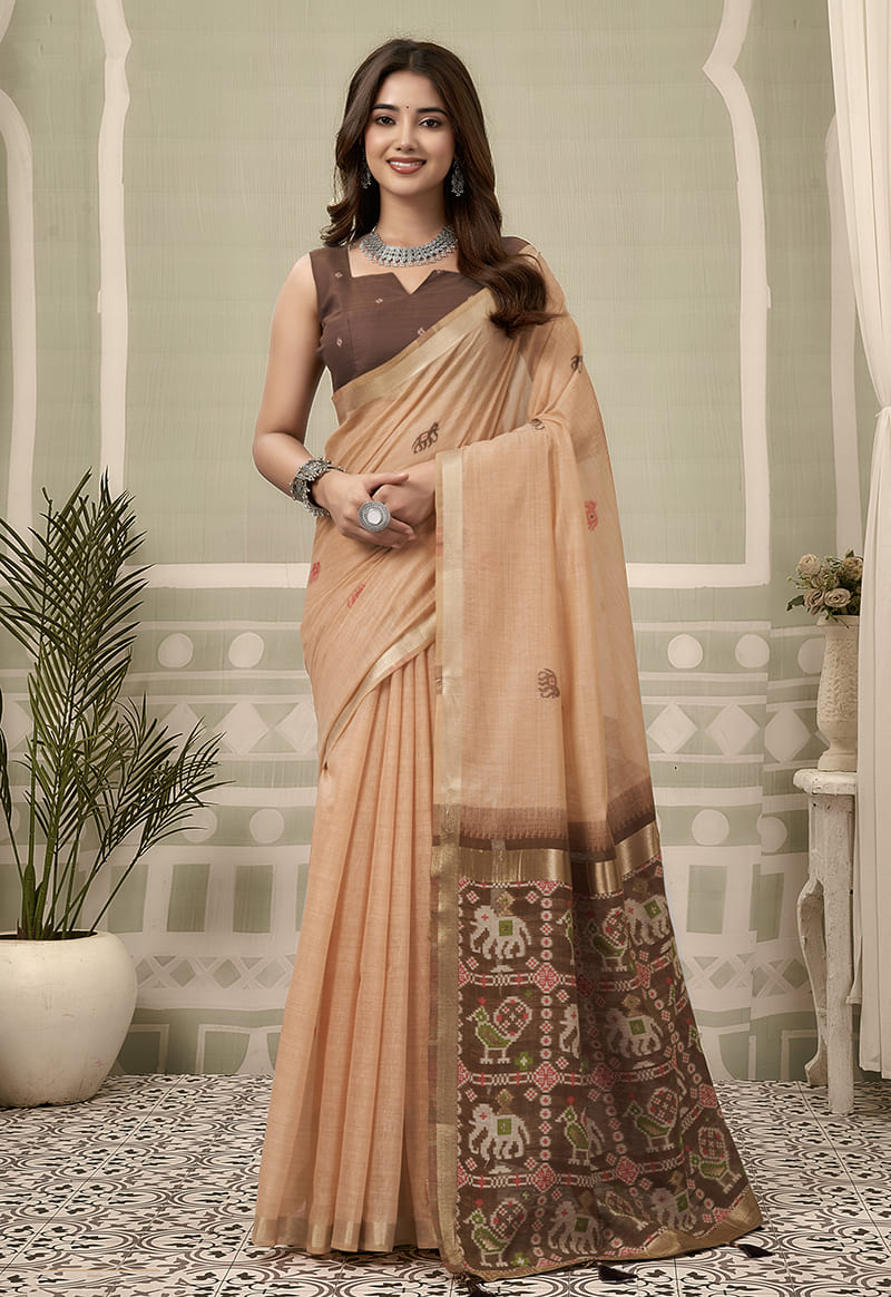 Monjolika Fashion Peach Linen Blend Saree with Woven Elephant & Geometric Pallu - Dista