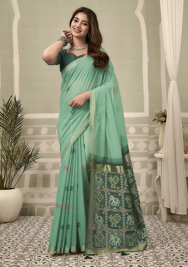 Monjolika Fashion Sea Green Linen Blend Saree with Woven Elephant & Geometric Pallu - Dista