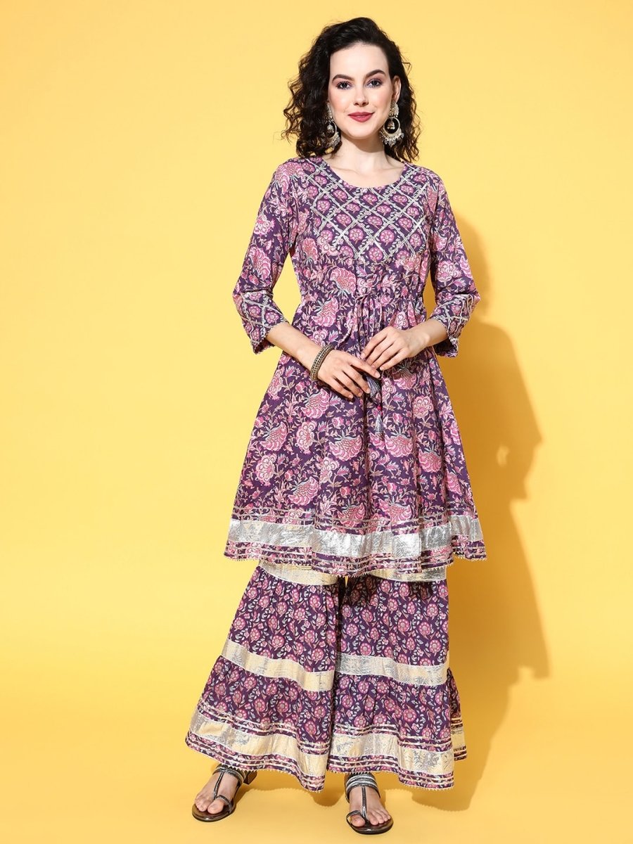 All About You Women Purple Floral Printed Regular Gotta Patti Pure Cotton Kurta with Sharara - Distacart