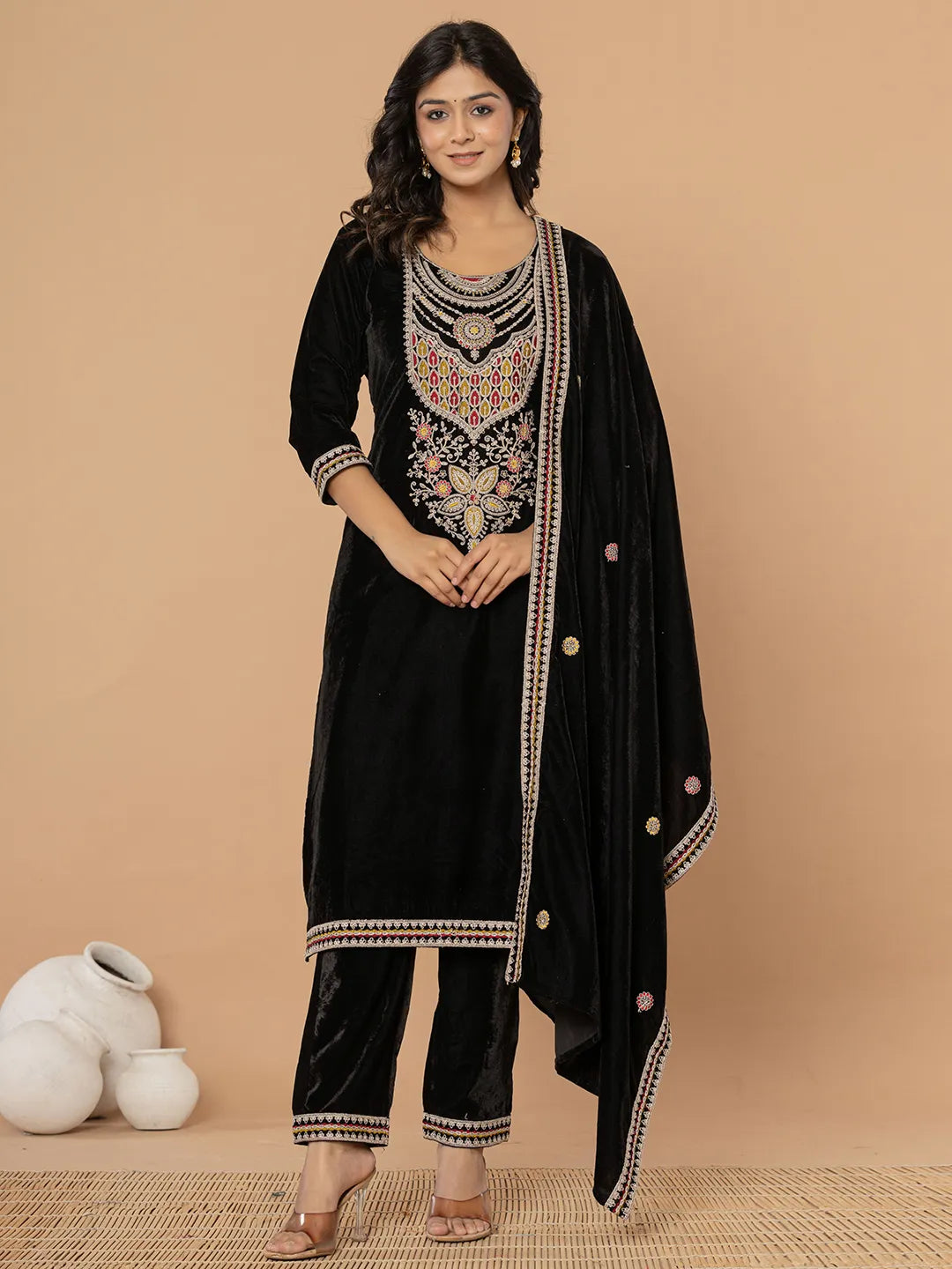 Yufta Black Velvet Embroidered A Have Cotton Lining Kurta Dupatta Set