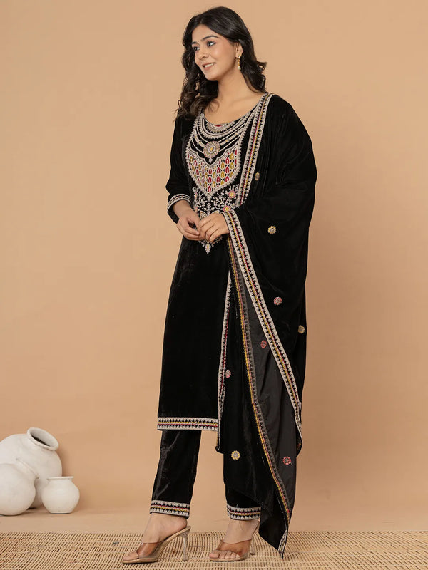 Yufta Black Velvet Embroidered A Have Cotton Lining Kurta Dupatta Set