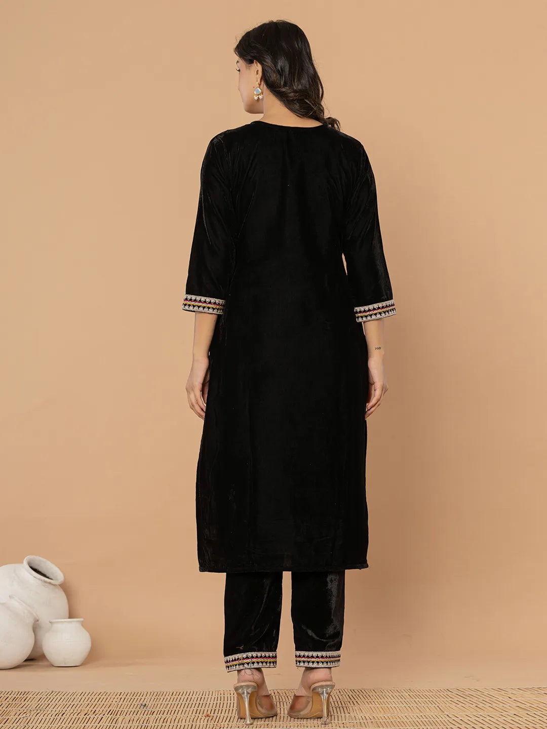 Yufta Black Velvet Embroidered A Have Cotton Lining Kurta Dupatta Set