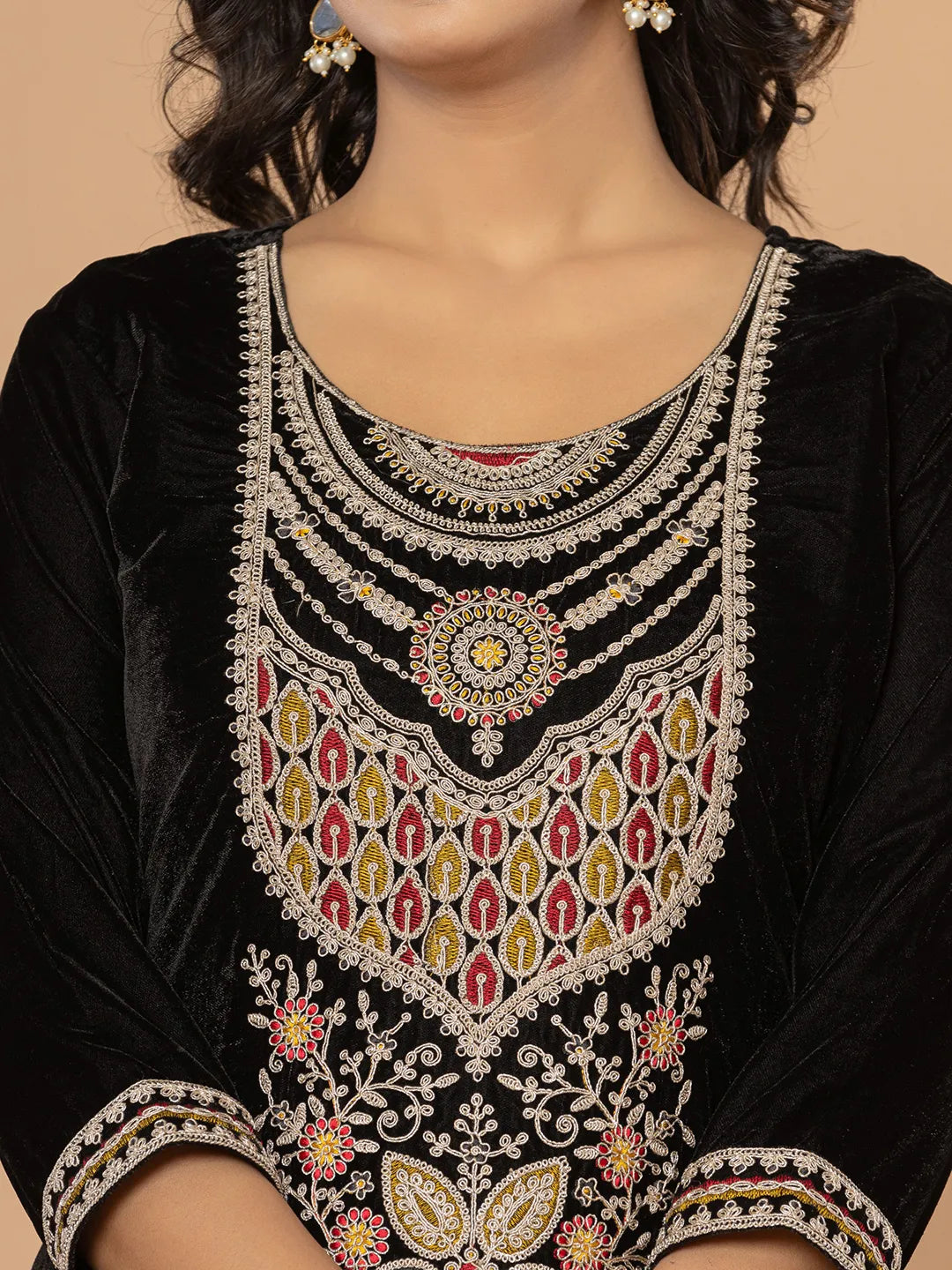 Yufta Black Velvet Embroidered A Have Cotton Lining Kurta Dupatta Set