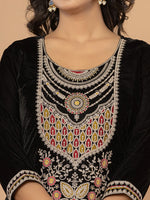 Thumbnail for Yufta Black Velvet Embroidered A Have Cotton Lining Kurta Dupatta Set
