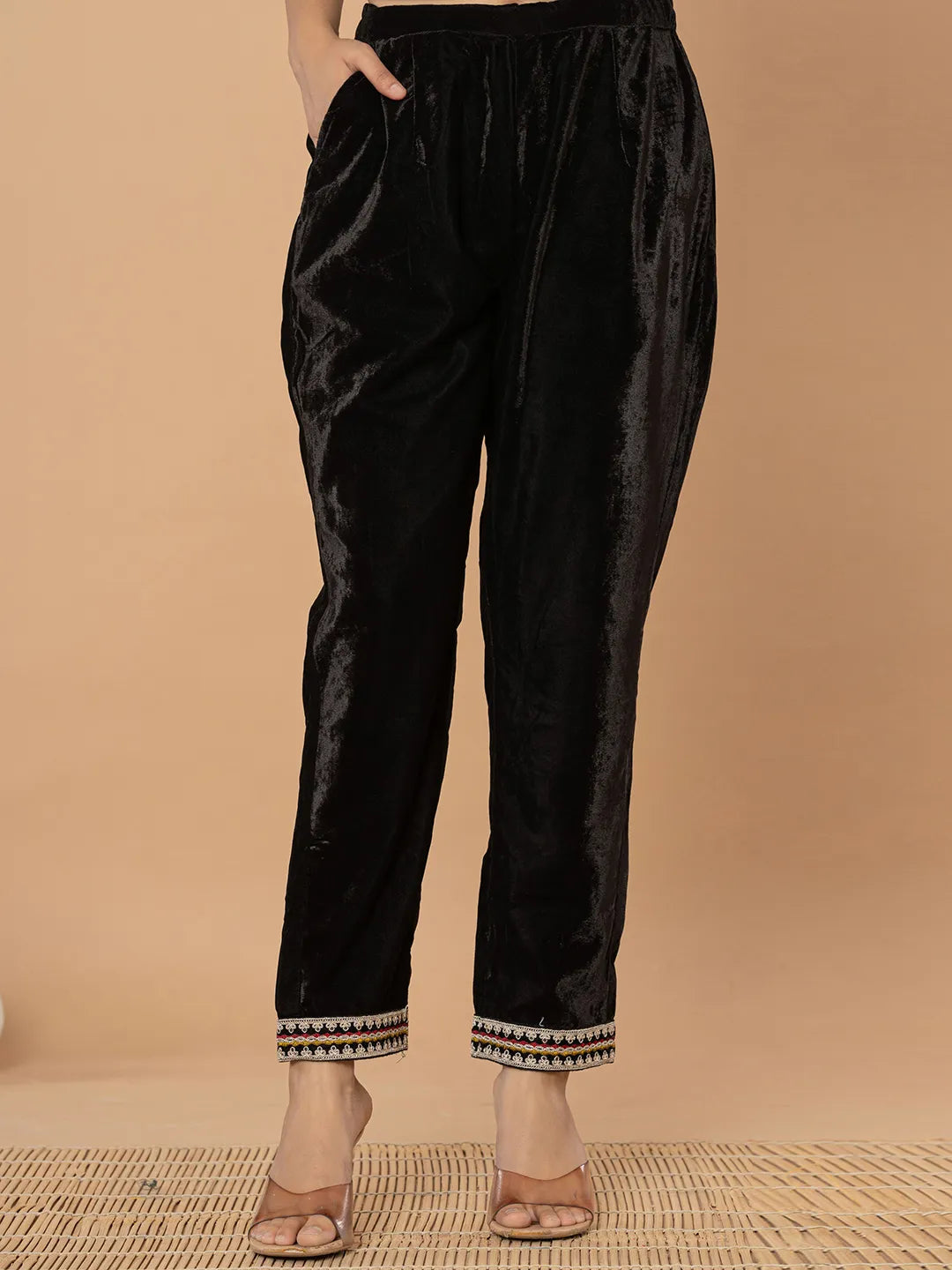 Yufta Black Velvet Embroidered A Have Cotton Lining Kurta Dupatta Set
