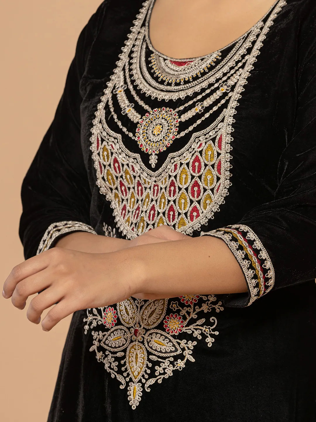 Yufta Black Velvet Embroidered A Have Cotton Lining Kurta Dupatta Set