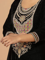 Thumbnail for Yufta Black Velvet Embroidered A Have Cotton Lining Kurta Dupatta Set