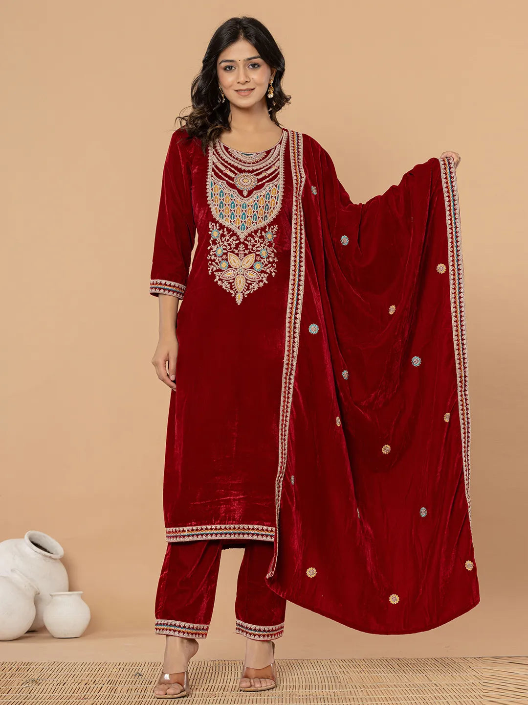 Yufta Maroon Velvet Embroidered A Have Cotton Lining Kurta Dupatta Set - Distacart
