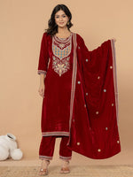 Thumbnail for Yufta Maroon Velvet Embroidered A Have Cotton Lining Kurta Dupatta Set