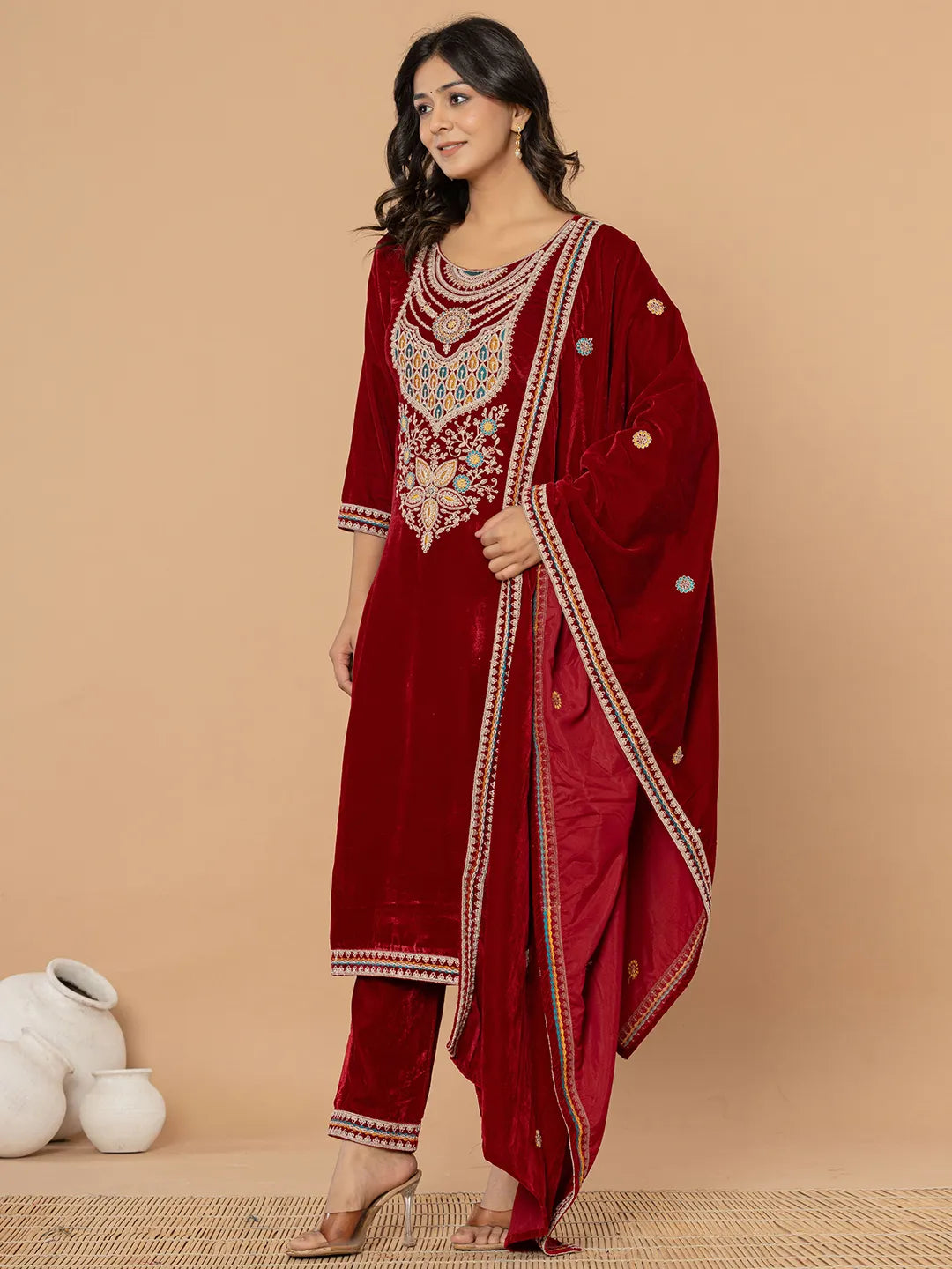 Yufta Maroon Velvet Embroidered A Have Cotton Lining Kurta Dupatta Set - Distacart