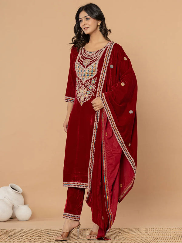 Yufta Maroon Velvet Embroidered A Have Cotton Lining Kurta Dupatta Set