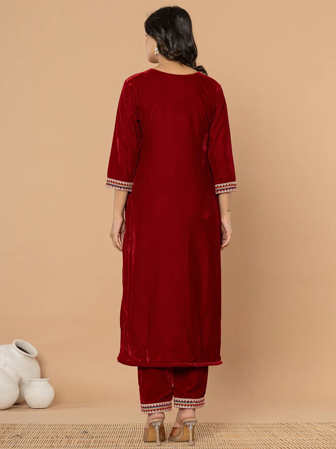 Yufta Maroon Velvet Embroidered A Have Cotton Lining Kurta Dupatta Set