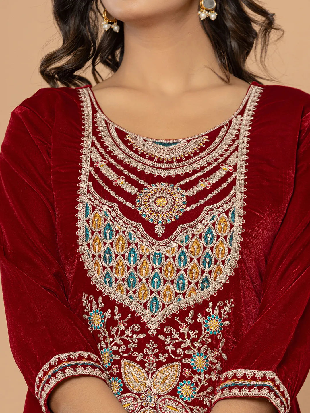 Yufta Maroon Velvet Embroidered A Have Cotton Lining Kurta Dupatta Set