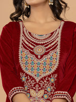 Thumbnail for Yufta Maroon Velvet Embroidered A Have Cotton Lining Kurta Dupatta Set