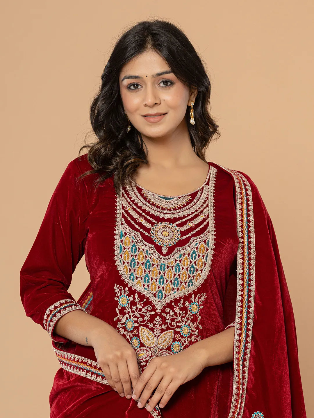 Yufta Maroon Velvet Embroidered A Have Cotton Lining Kurta Dupatta Set