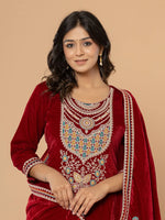 Thumbnail for Yufta Maroon Velvet Embroidered A Have Cotton Lining Kurta Dupatta Set