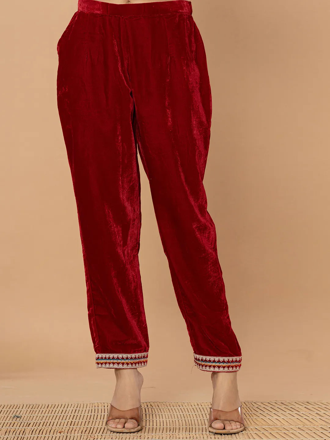 Yufta Maroon Velvet Embroidered A Have Cotton Lining Kurta Dupatta Set